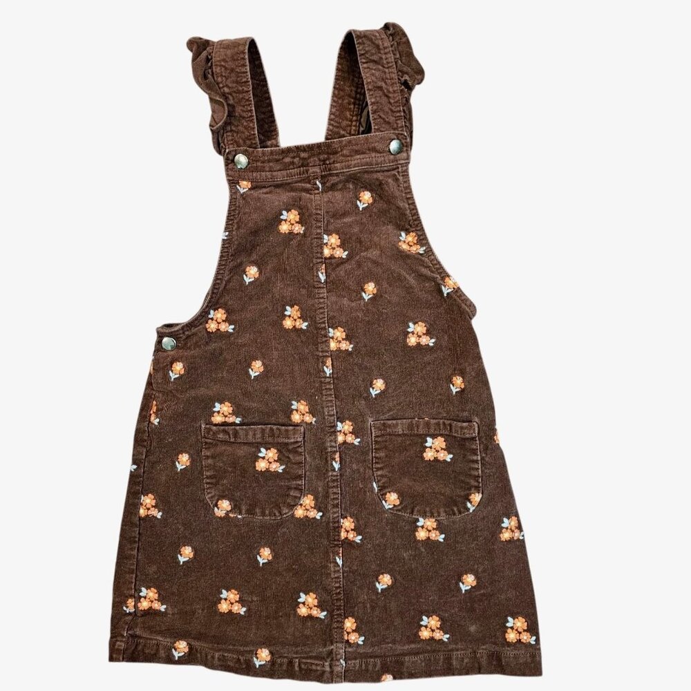 Girls Brown Corduroy Bib Overall Dress Orange Embroidered Flowers Ruffles Sz 7